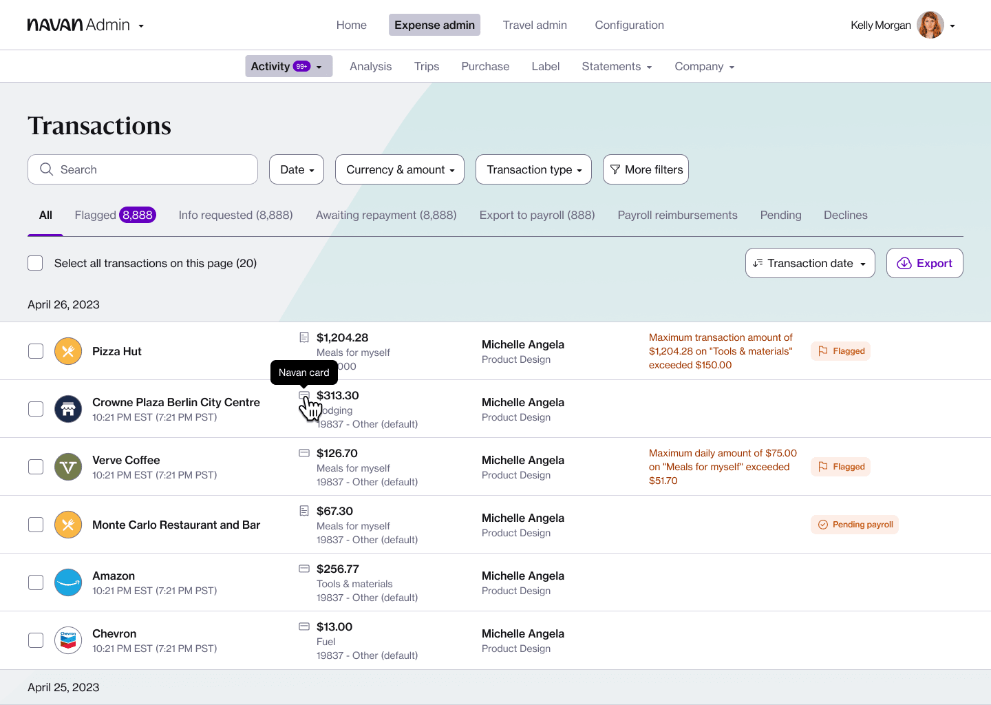 All expense transaction types are now integrated into a single, comprehensive list within the Activity tab. 