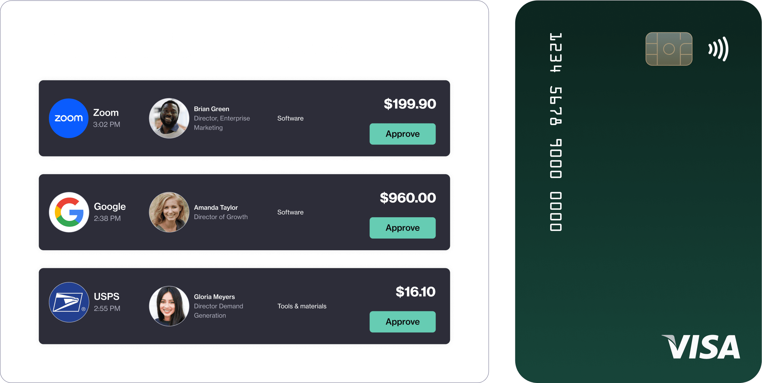 A view of expense transactions on a dark mode interface using the Navan app and the Navan corporate card