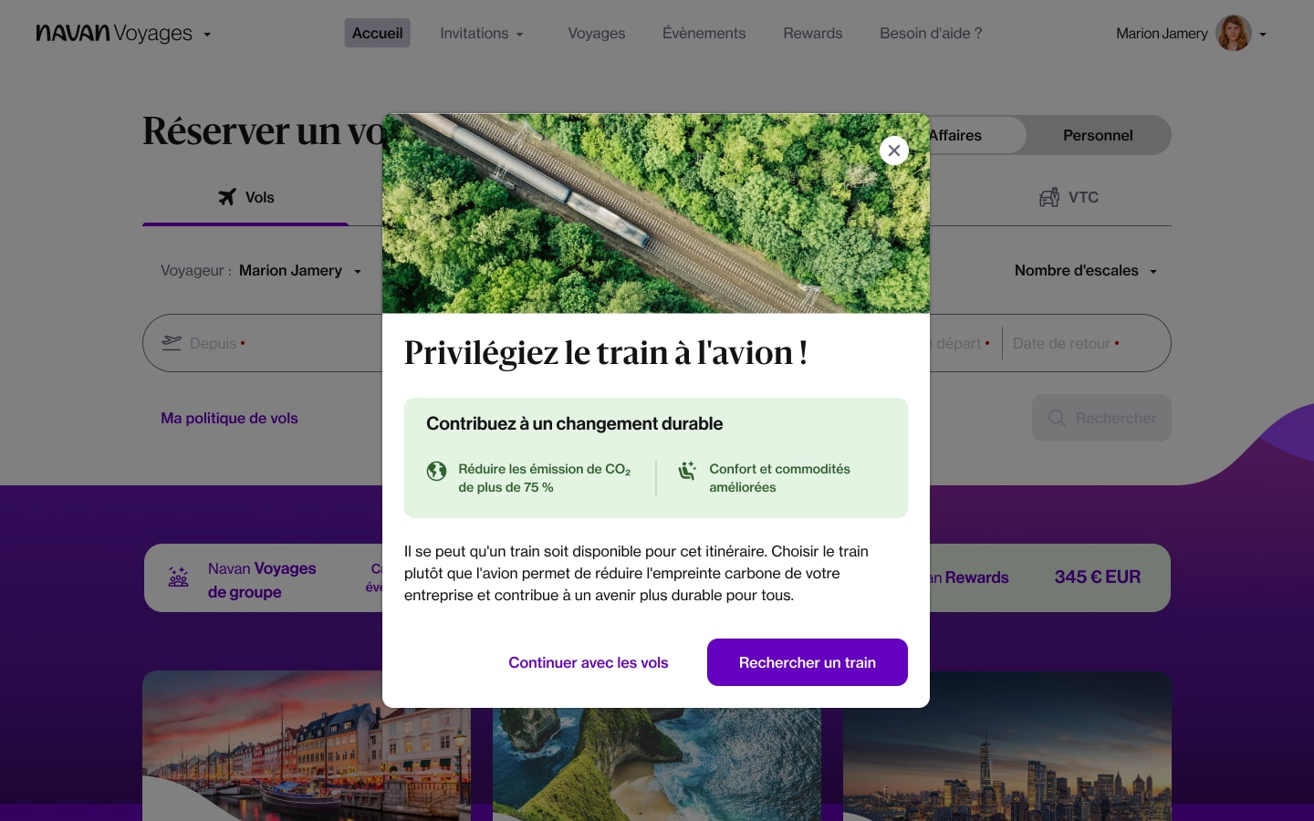 Capture d'écran de la plateforme Navan qui encourage les utilisateurs à réserver un train