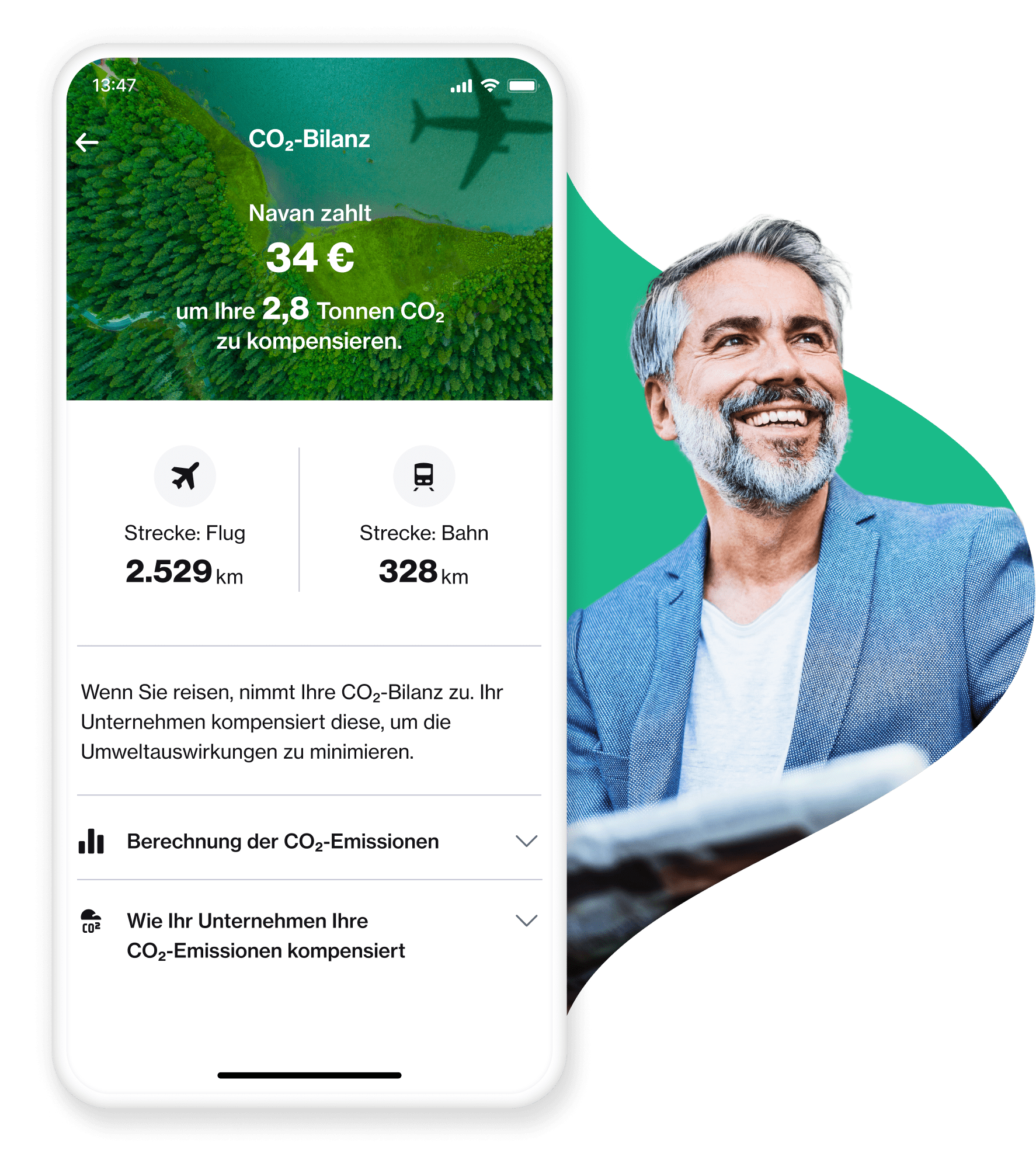 Navan-Reisender, der sich über seine CO2-Bilanz für nachhaltige Geschäftsreisen freut