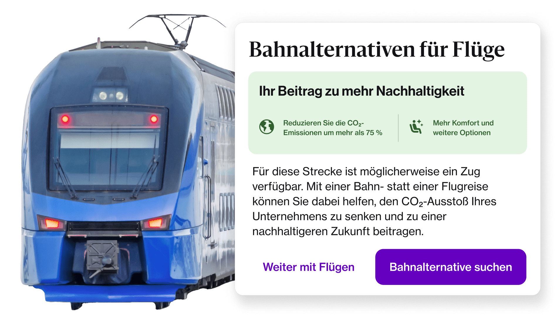 Pop-up für Bahnalternativen in der Navan-App für nachhaltige Geschäftsreisen