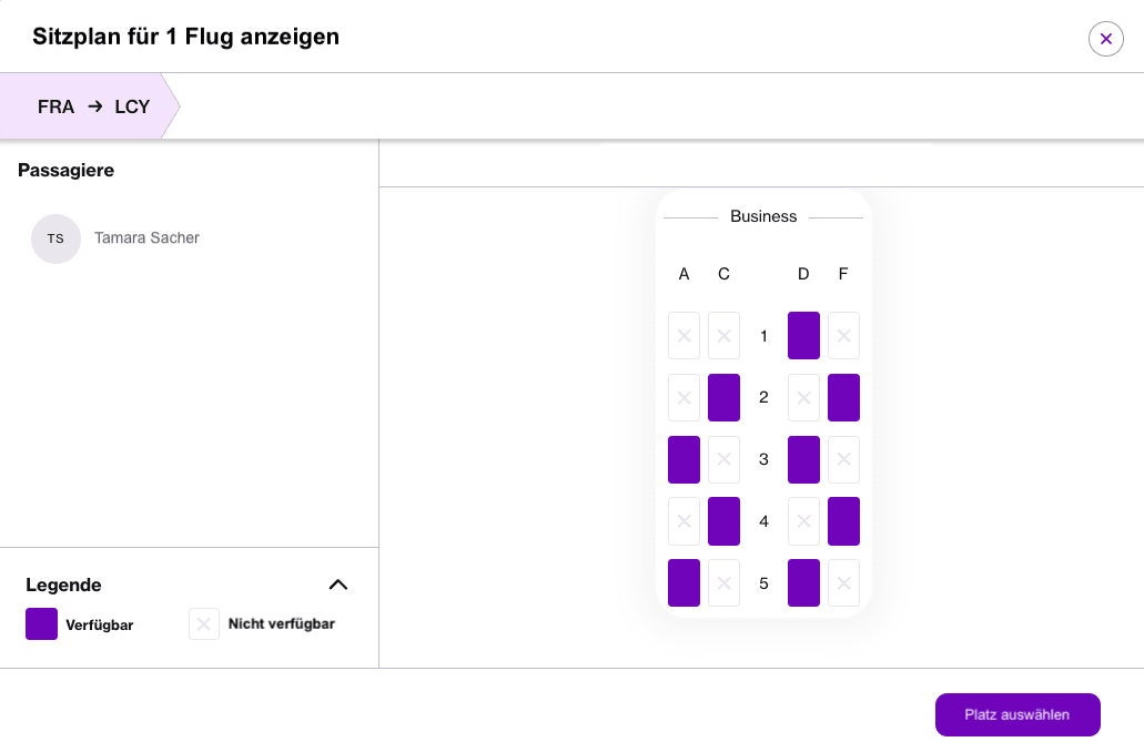 Sitzplatzauswahl für Business Class Tickets mit Navan