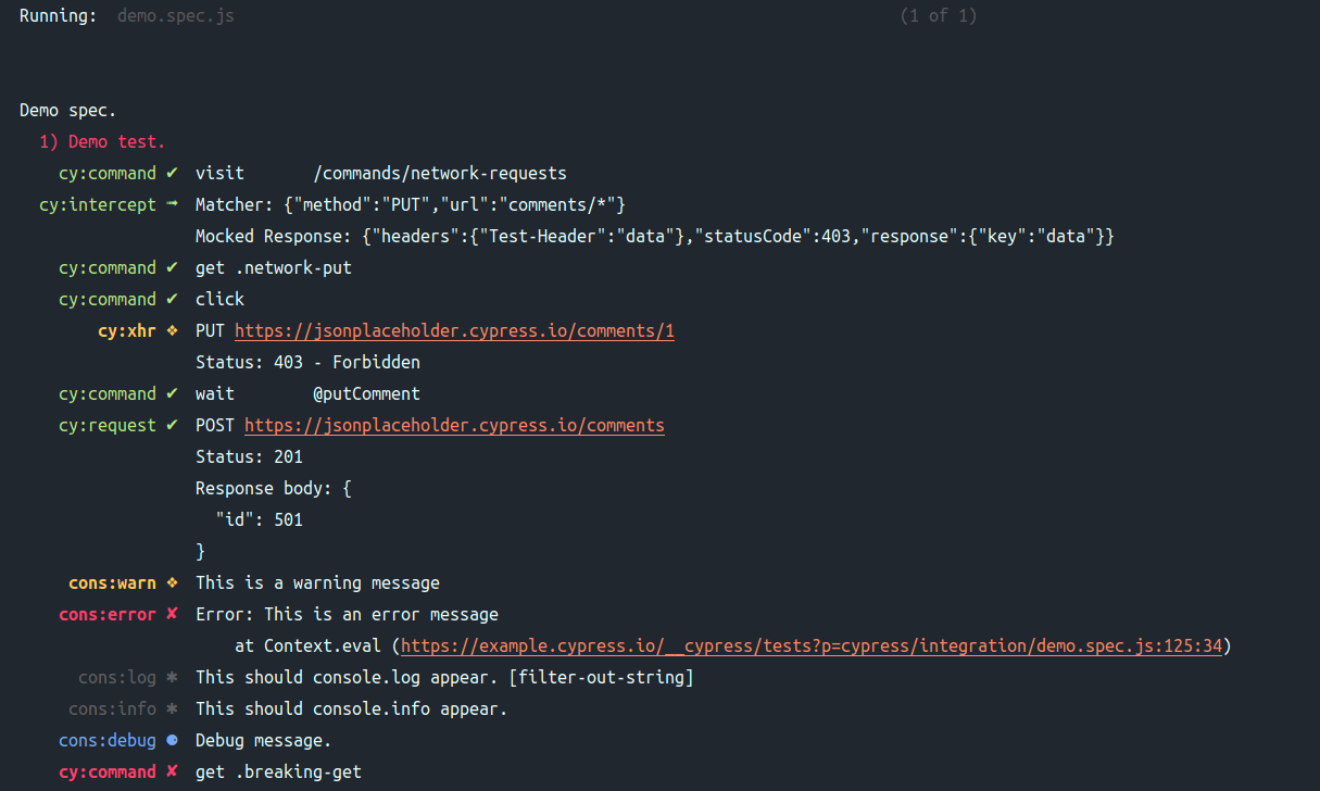 examples of Cypress commands alongside their corresponding responses