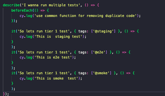 a single test suite contains multiple tests with different tags