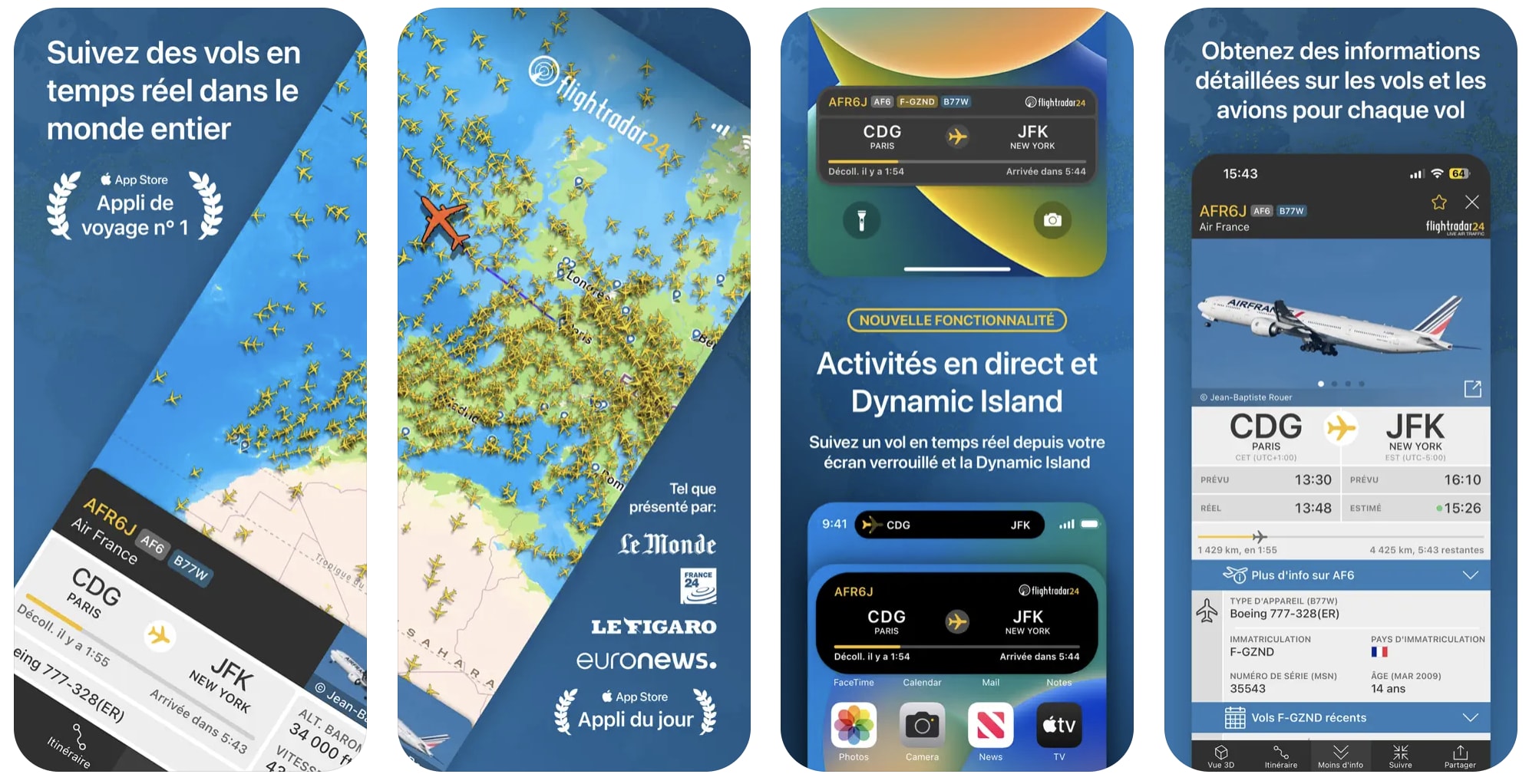 Captures d'écran de l'application Flightradar24, l'une des meilleures applications pour les voyageurs d'affaires