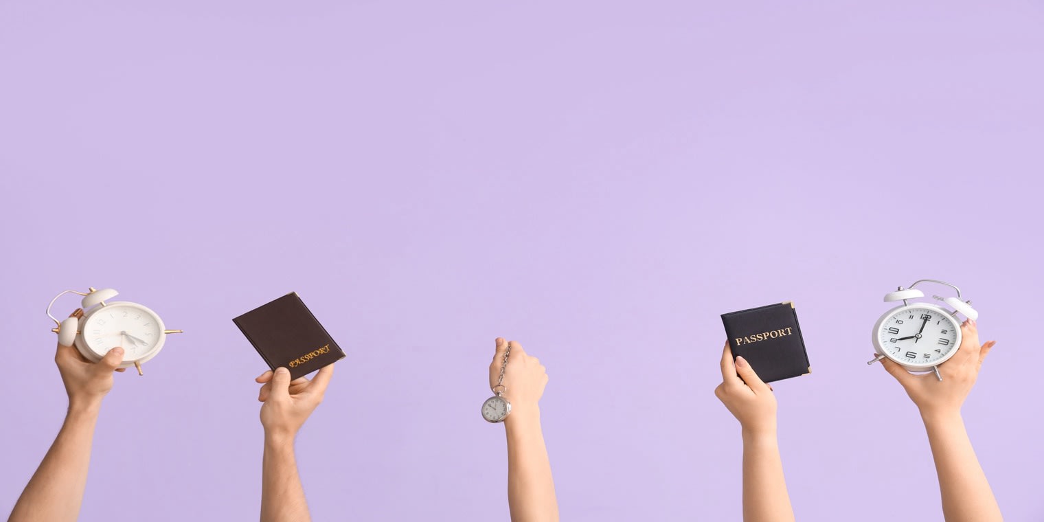 Small business travel agency. Arms with hands holding passports and clocks.