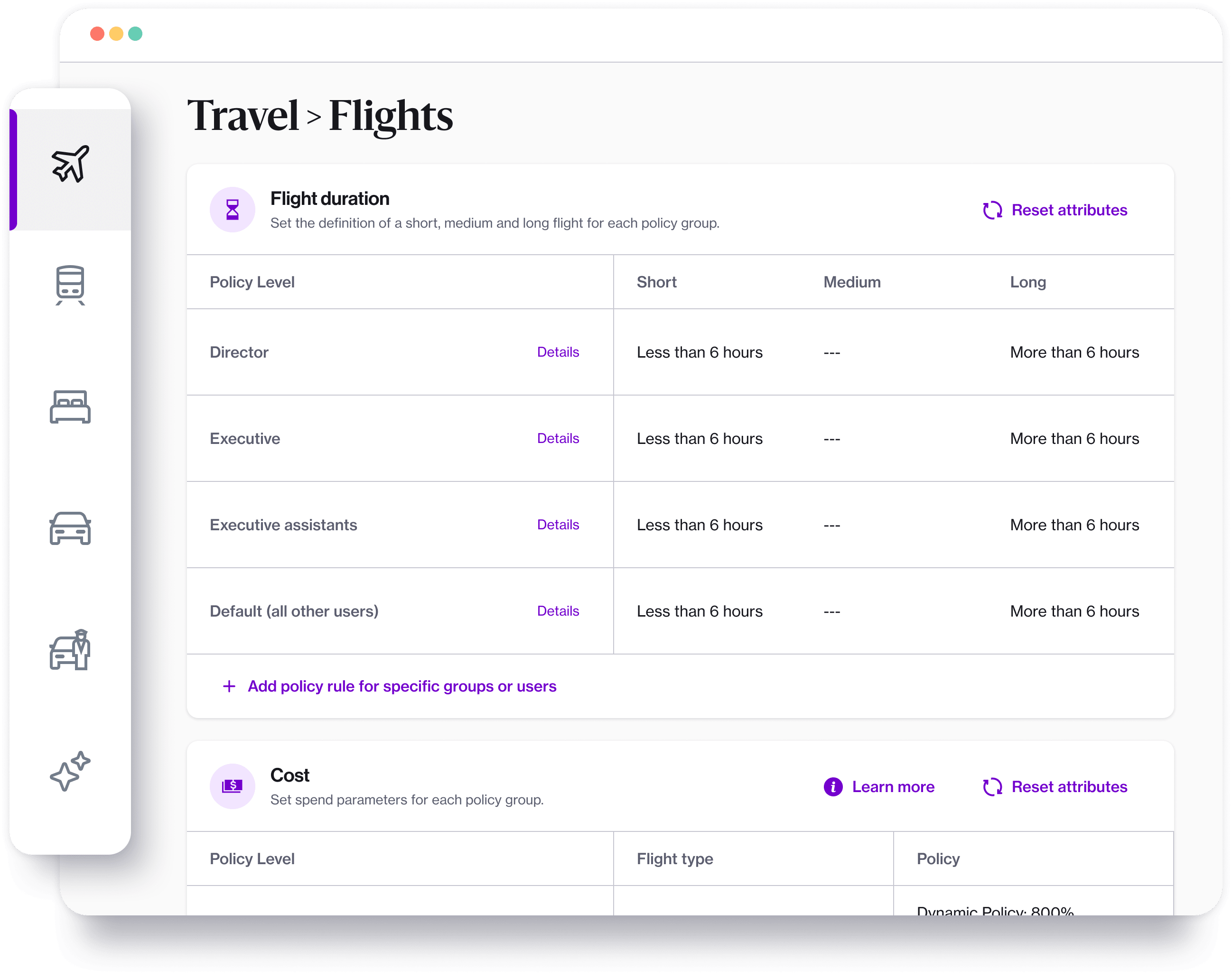 Navan Flight Policy Settings Dashboard