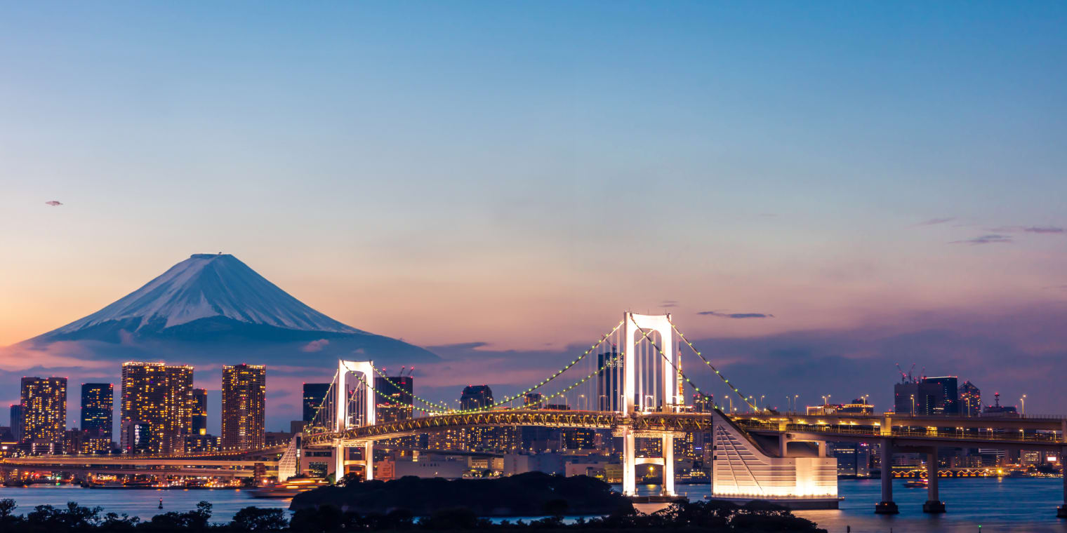 Corporate travel planners. Bridge at sunset with a mountain in the back