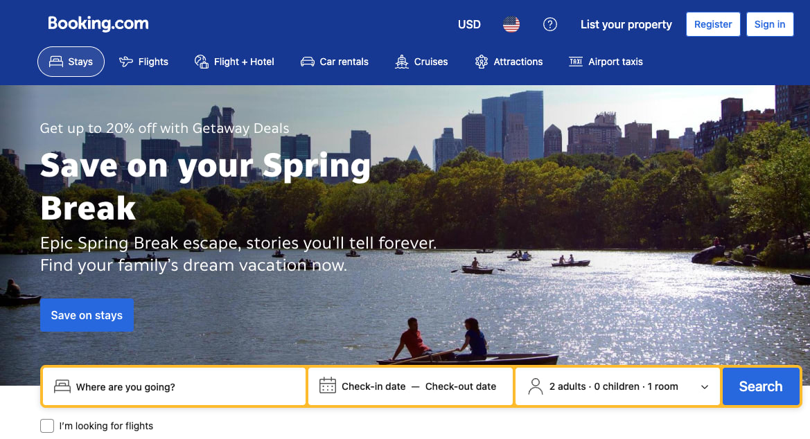 Desktop view of the booking website