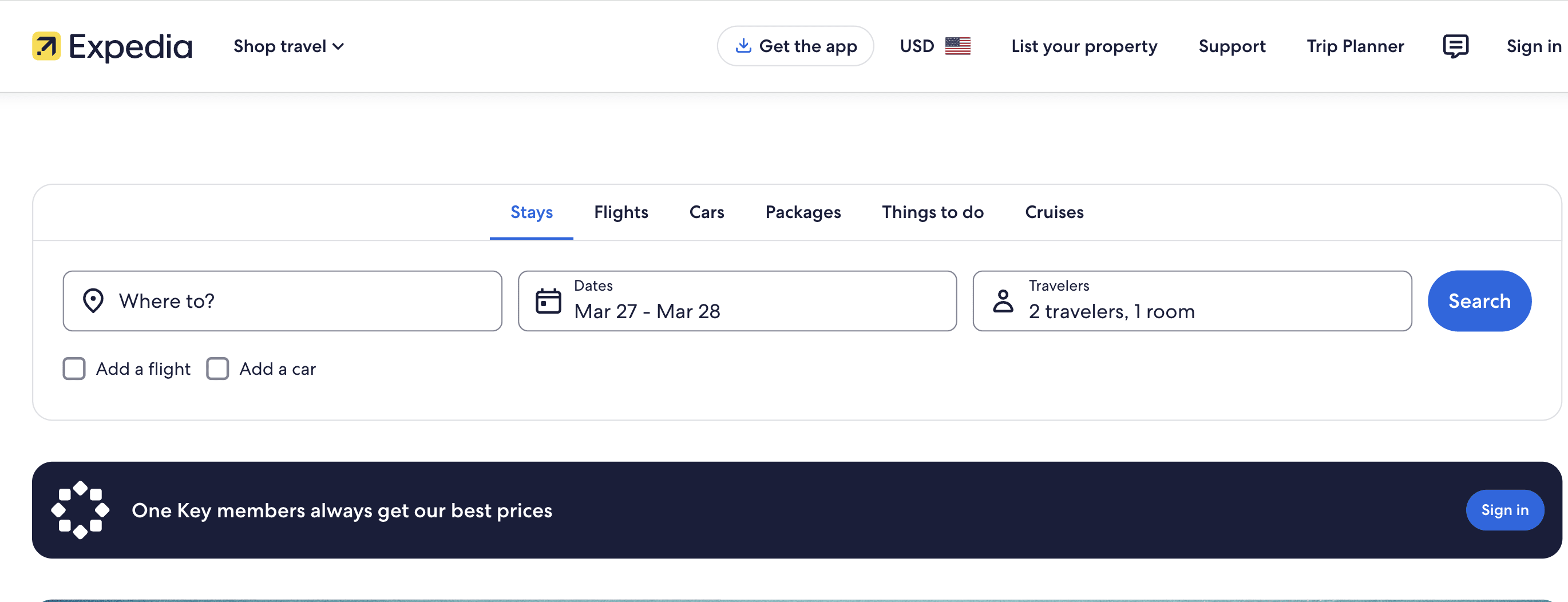 Desktop view of the expedia website