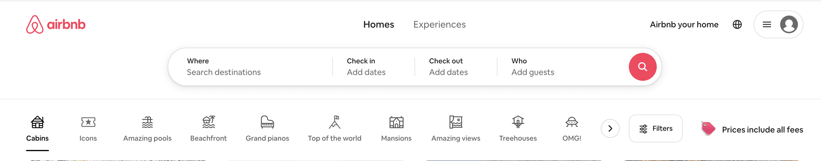 Desktop view of the airbnb website