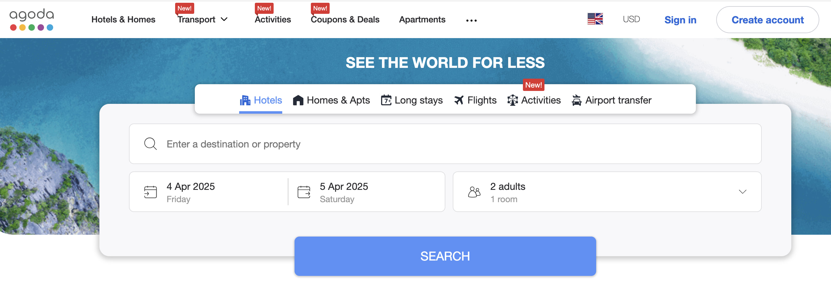 Desktop view of the agoda website 