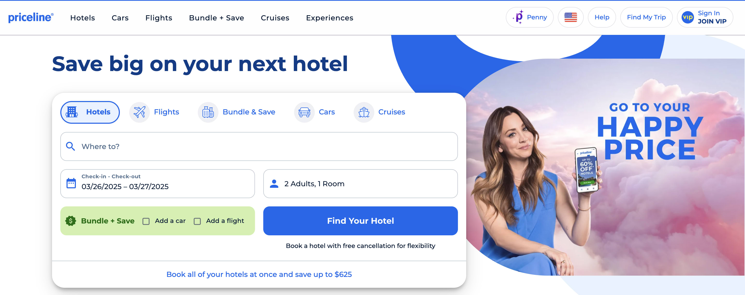 Desktop view of the priceline OTA website
