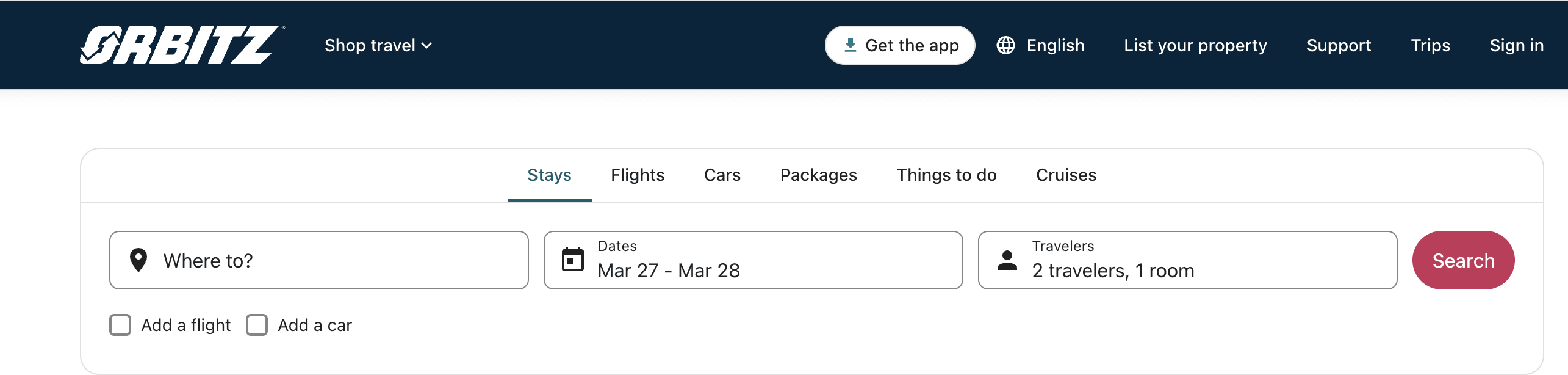 Desktop view of the orbitz OTA website
