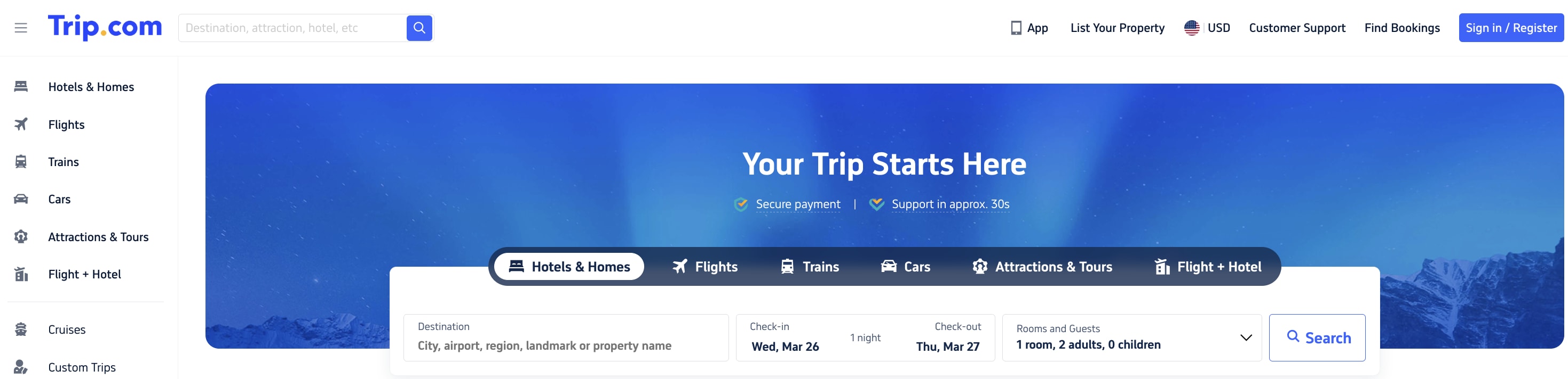 A desktop view of the trip OTA website
