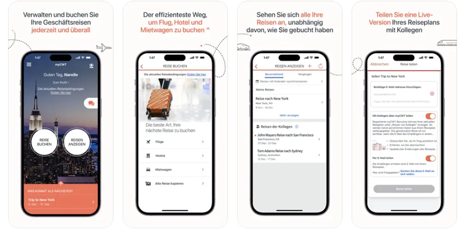 CWT Reisemanagement in der App-Ansicht.