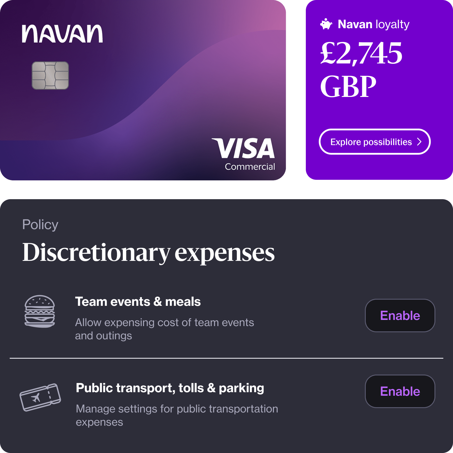 An image of the seamless integrations on the Navan platform, a view of the expense management platform, and the Navan Rewards portal that incentivises business travellers to book cost-effectively.