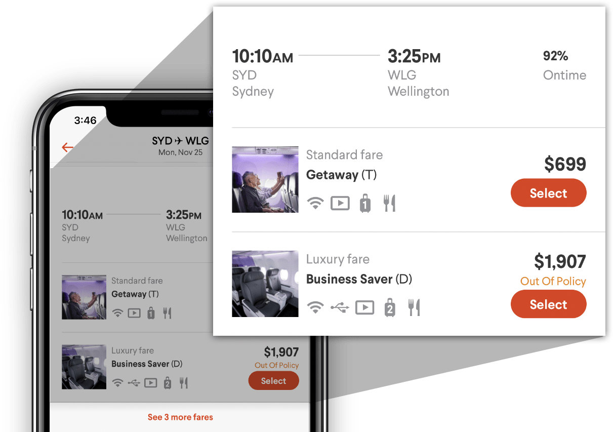 TripActions Product Screenshot - Search interface shows travel policy to keep travelers within budget