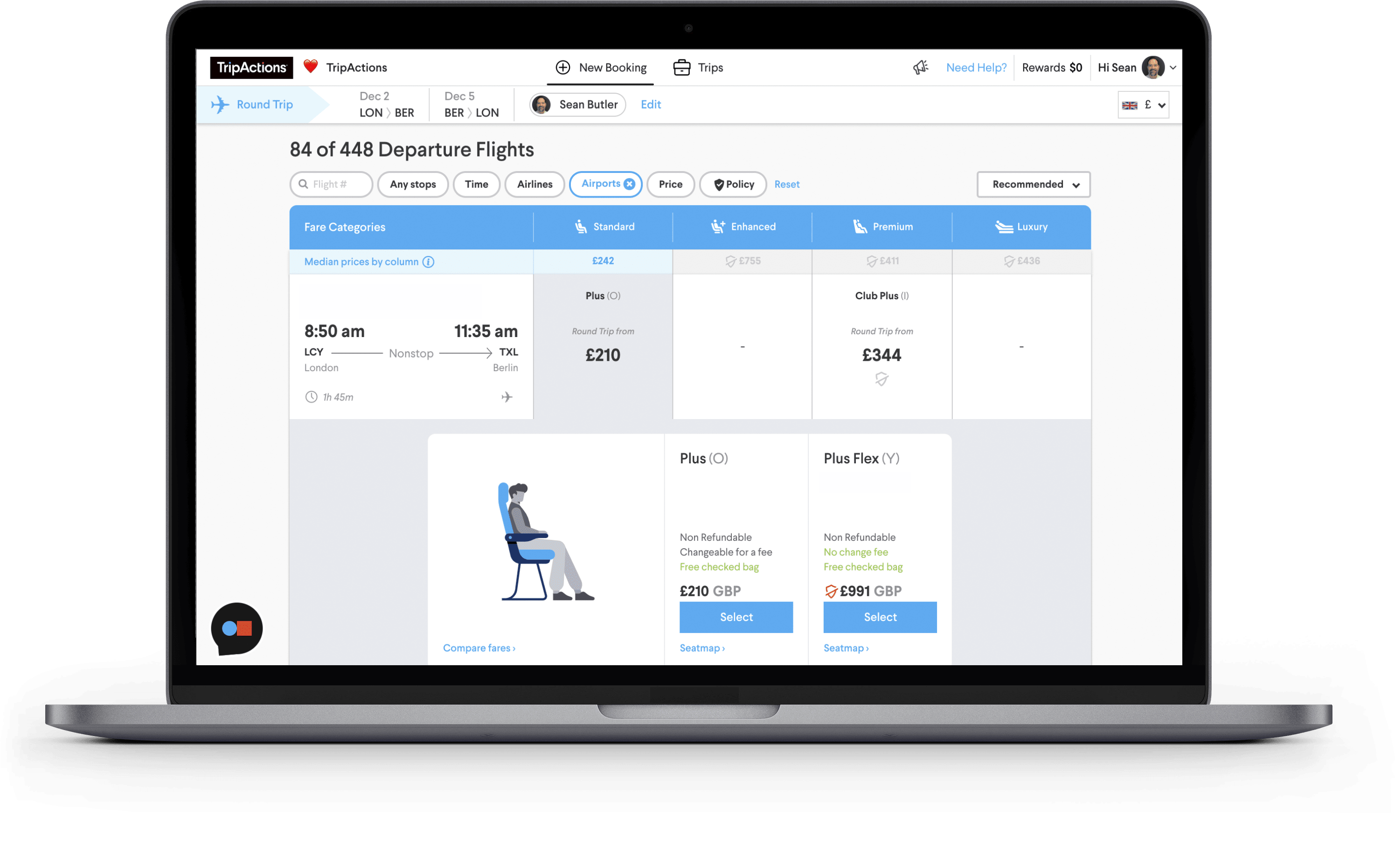 TripActions Product Screenshot - Departure flight search screen on laptop