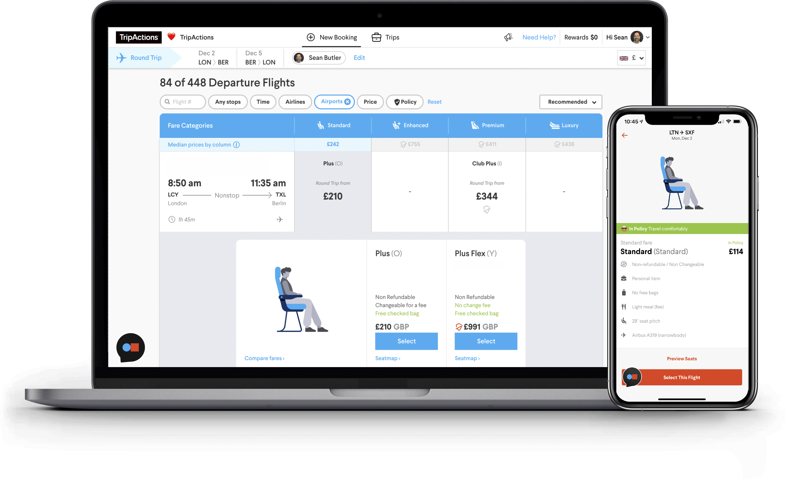 Flight Search screen with large inventory and step-by-step mobile itinerary