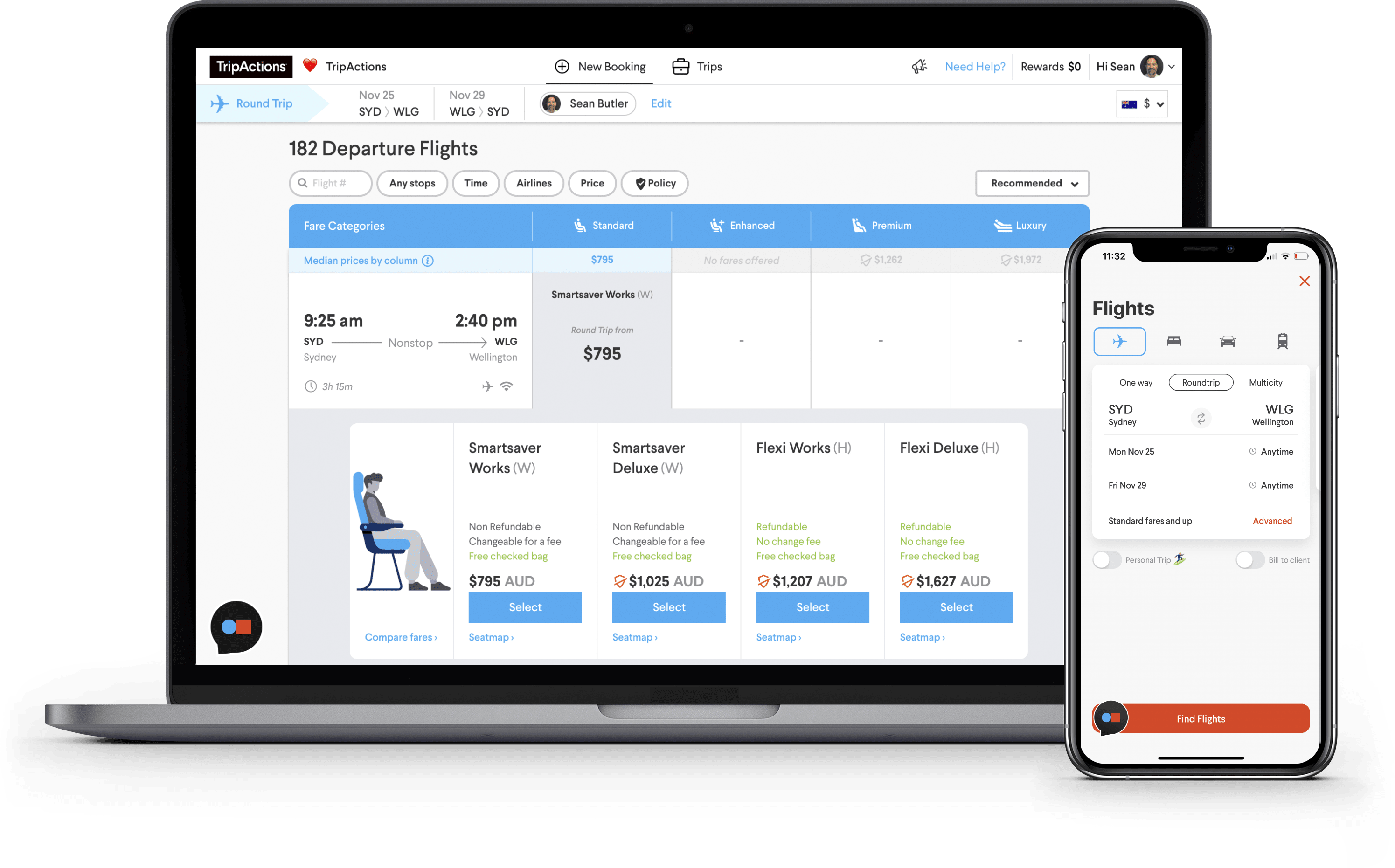 Flight Search screen with large inventory and step-by-step mobile itinerary