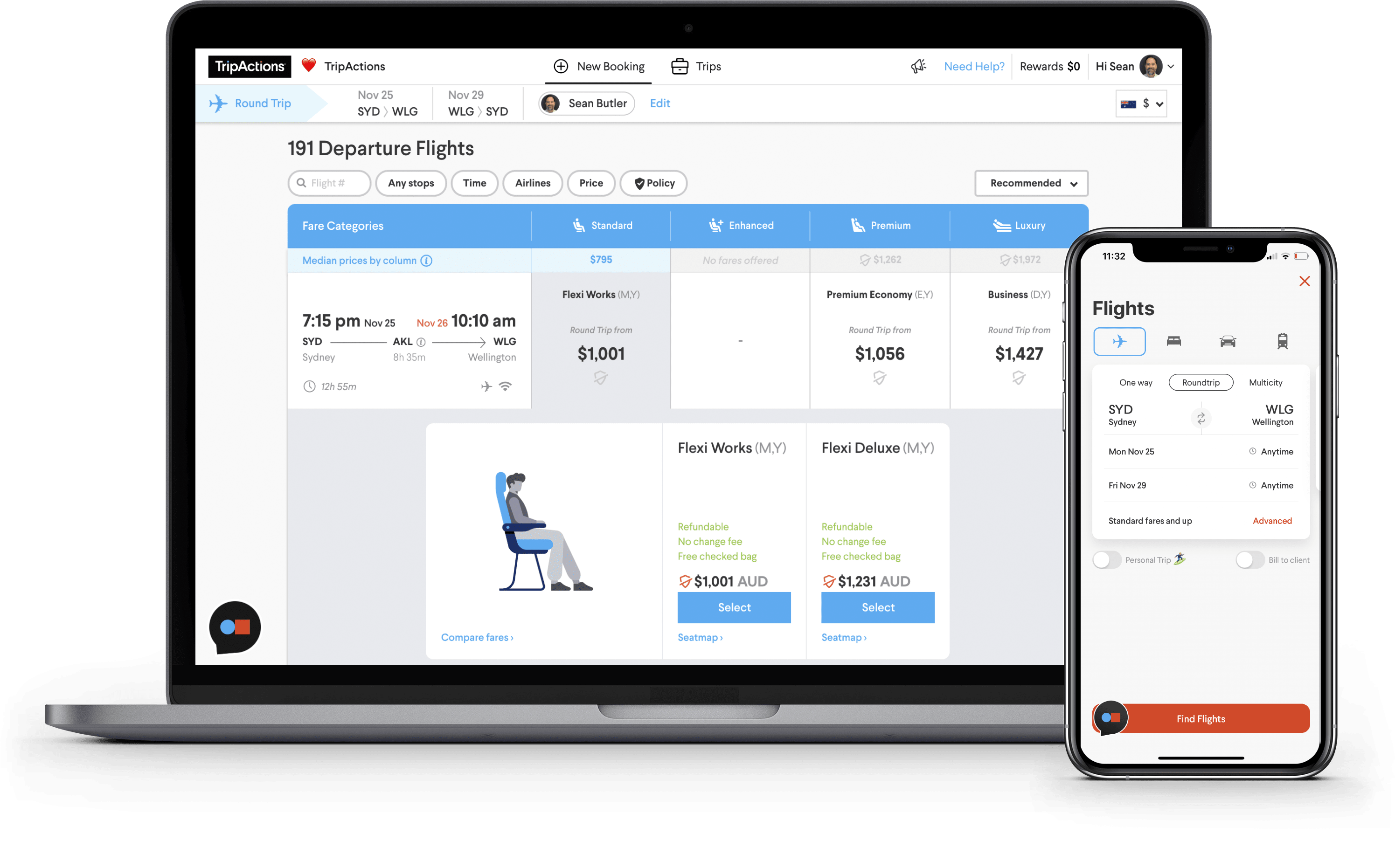 Flight Search screen with large inventory and step-by-step mobile itinerary