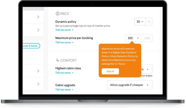 TripActions Product Screenshot - Policy setup is simplified when you use smart features like dynamic policy