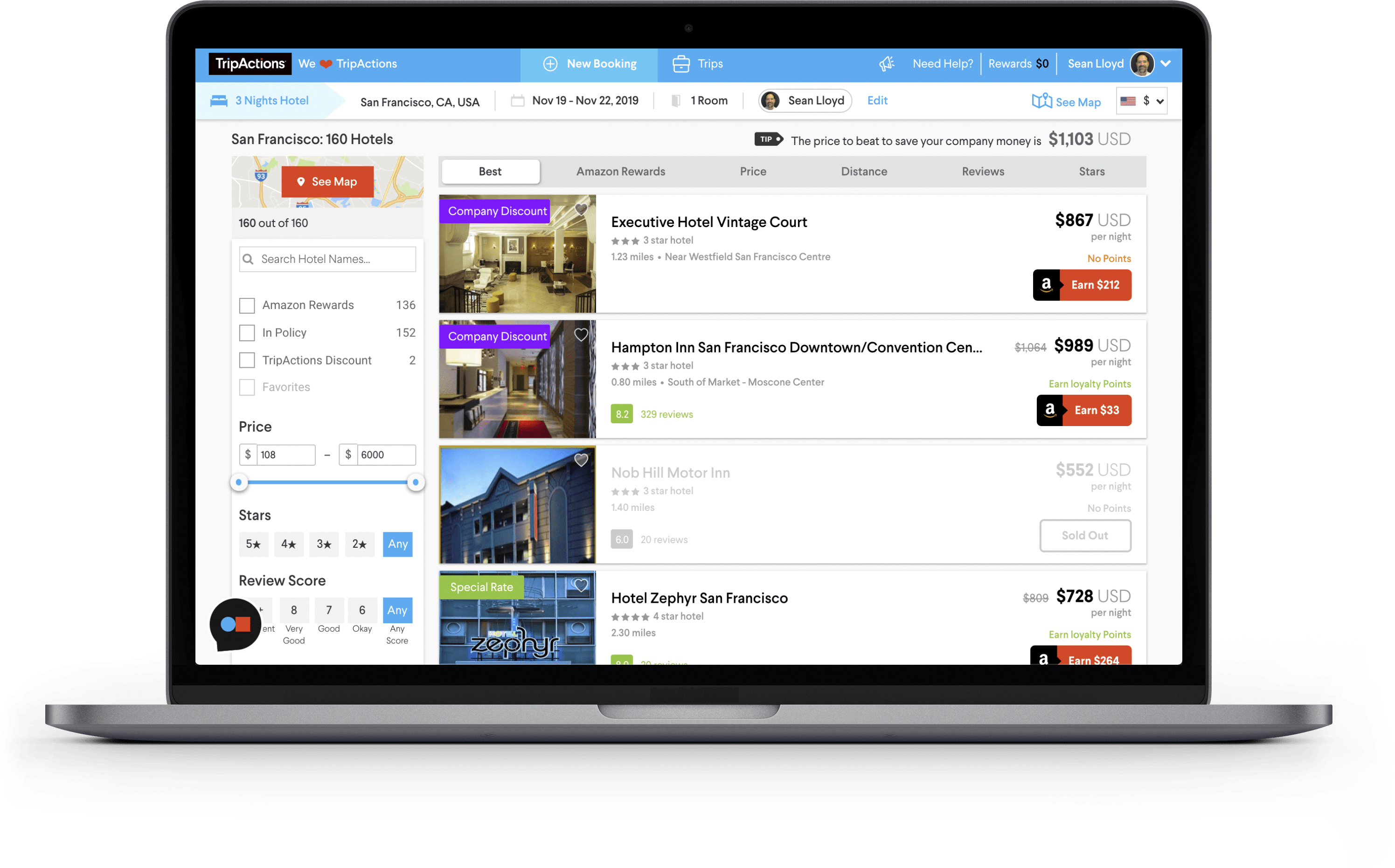 TripActions Product Screenshot - Great experience and inventory encourages adoption and savings