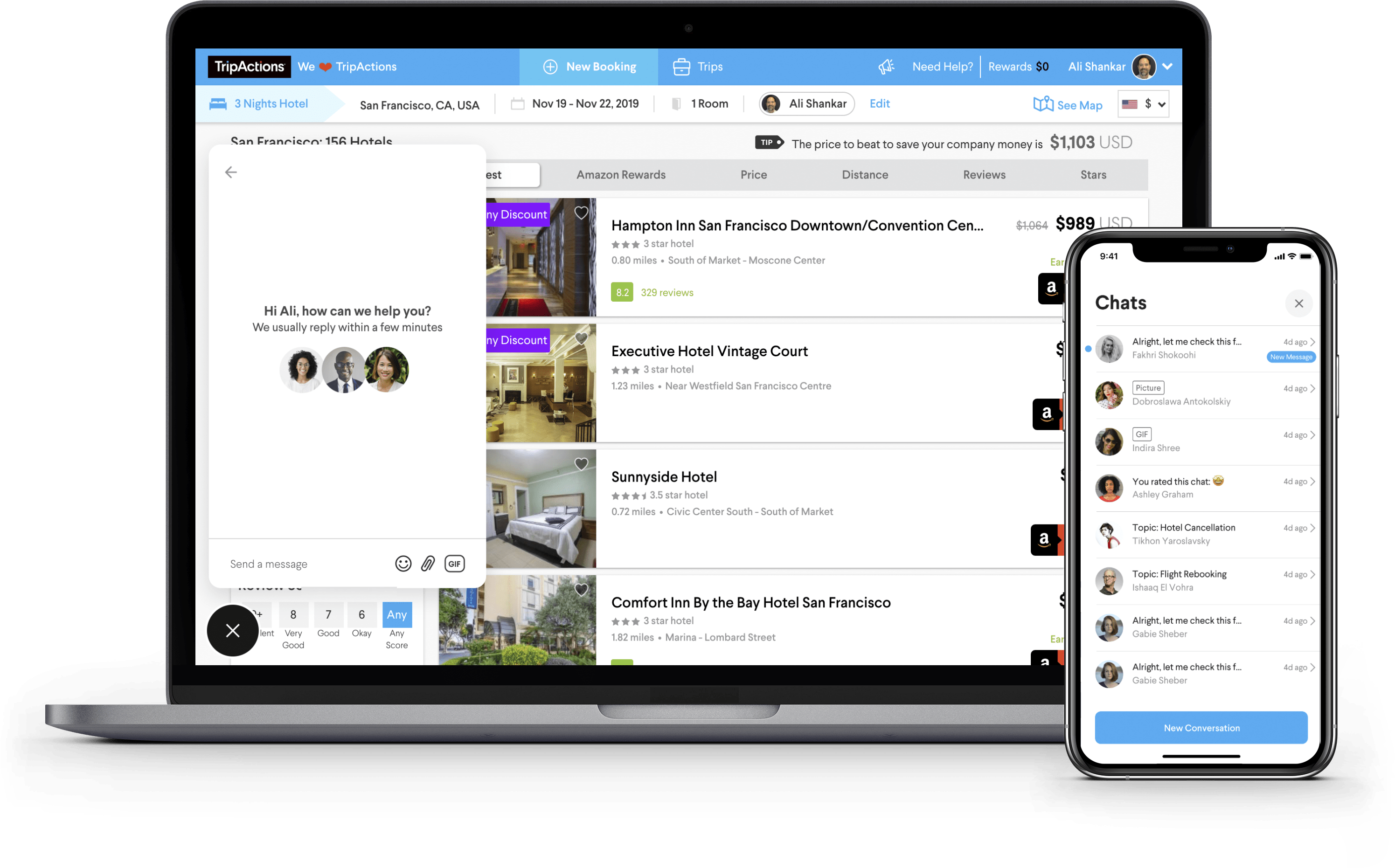 TripActions Product Screenshot - 24/7 365 human support available on desktop and in mobile app