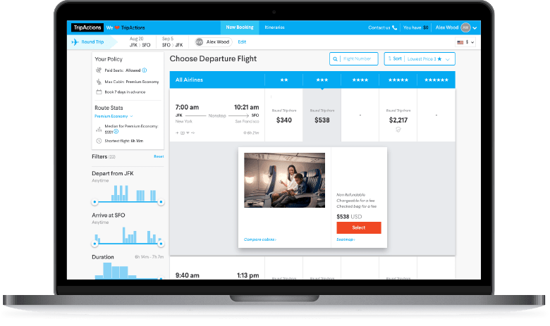 TripActions Product Screenshot - Seat comparison in search interface
