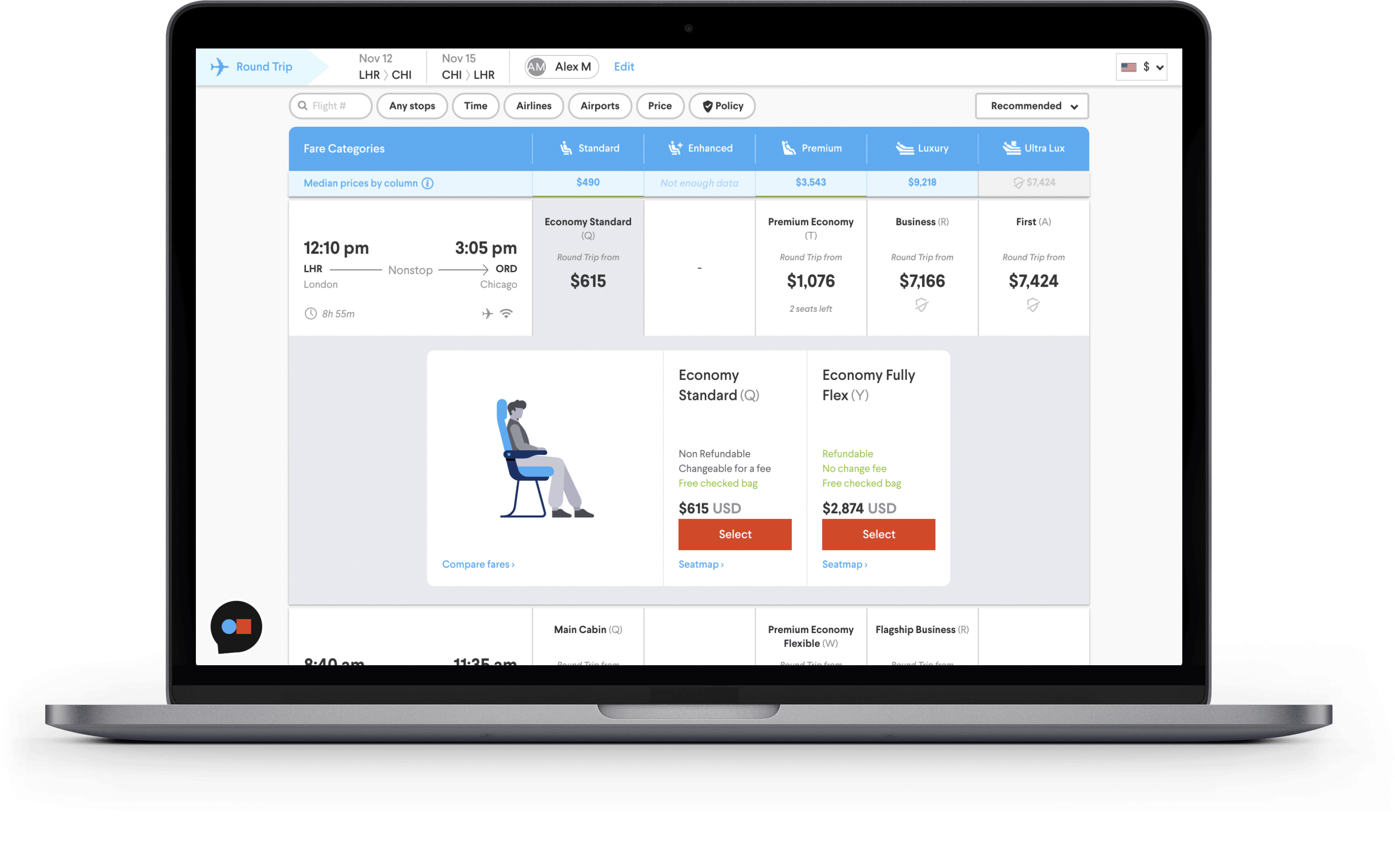 TripActions Product Screenshot - Seat comparison in search interface