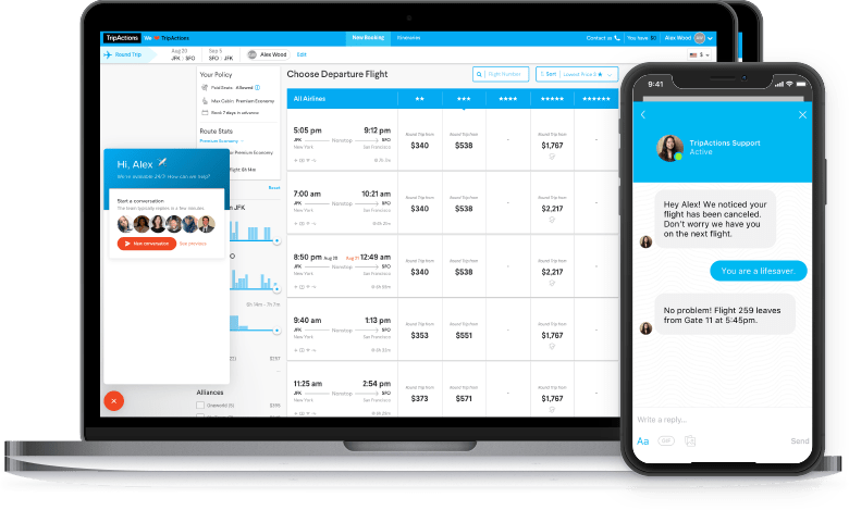 TripActions Product Screenshot - Human support is available when booking a flight at the click of a button and proactive support is available if the flight is cancelled