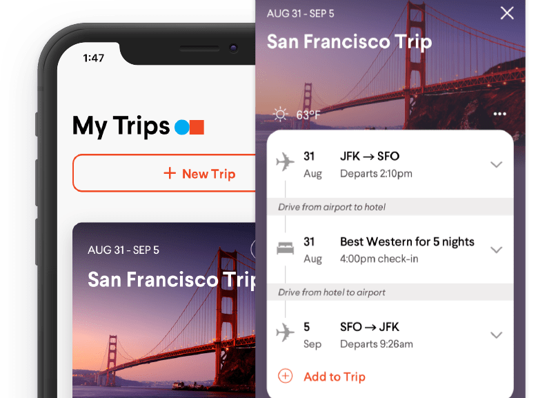 TripActions Product Screenshot - Travelers access travel itinerary in mobile app