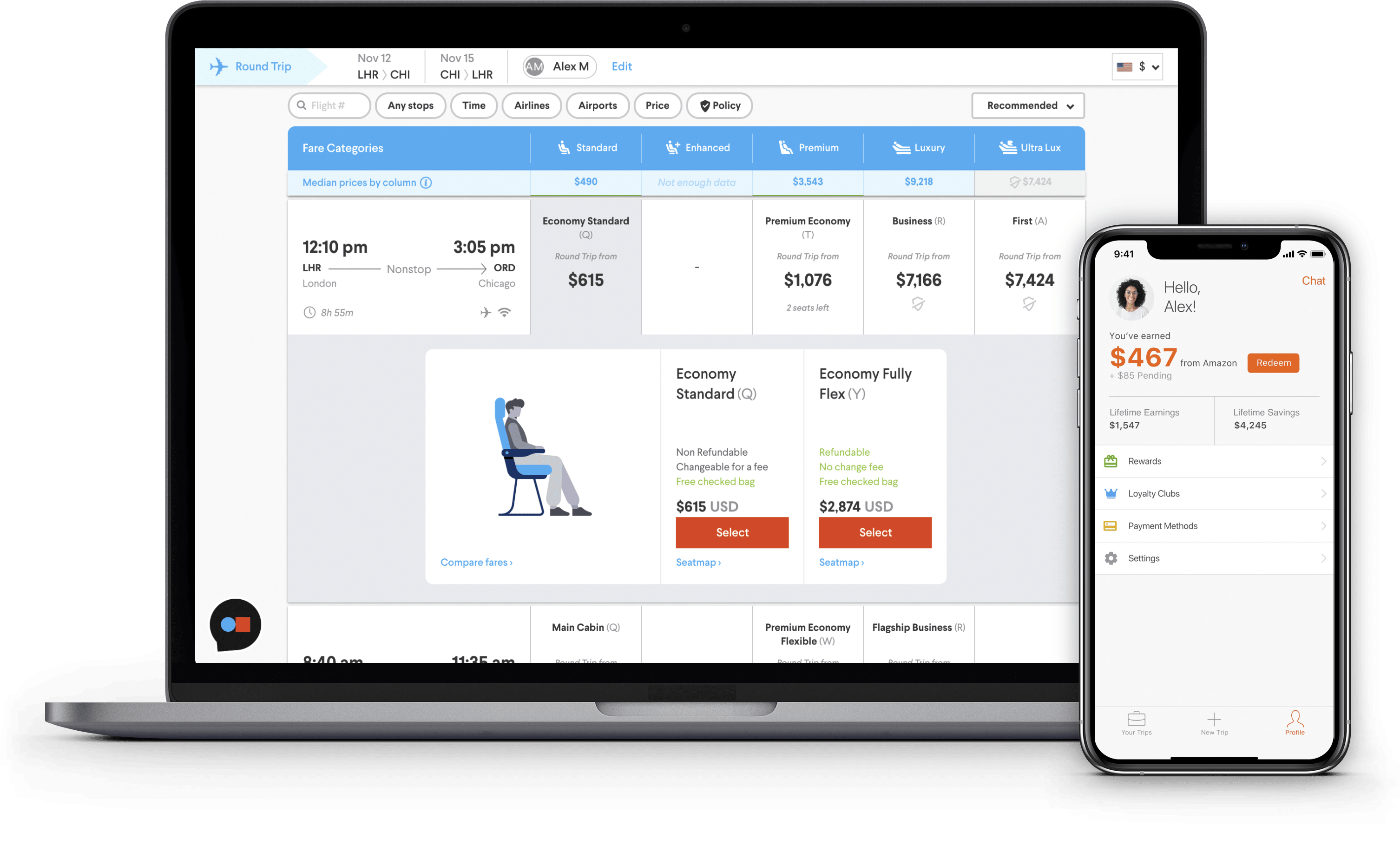 TripActions Product Screenshot - Search interface shows travel policy to keep travelers within budget