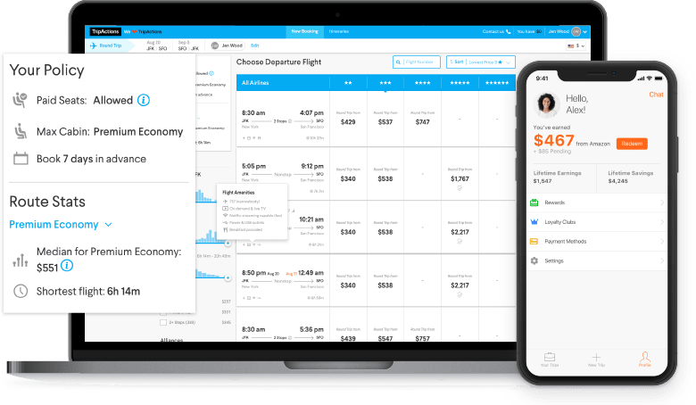 TripActions Product Screenshot - Search interface shows travel policy to keep travelers within budget