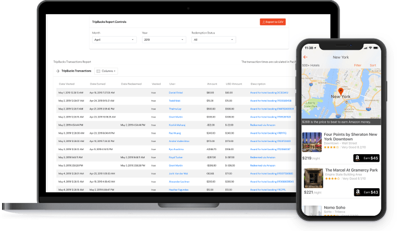 TripActions Product Screenshot - Exportable report of the traveler awards program