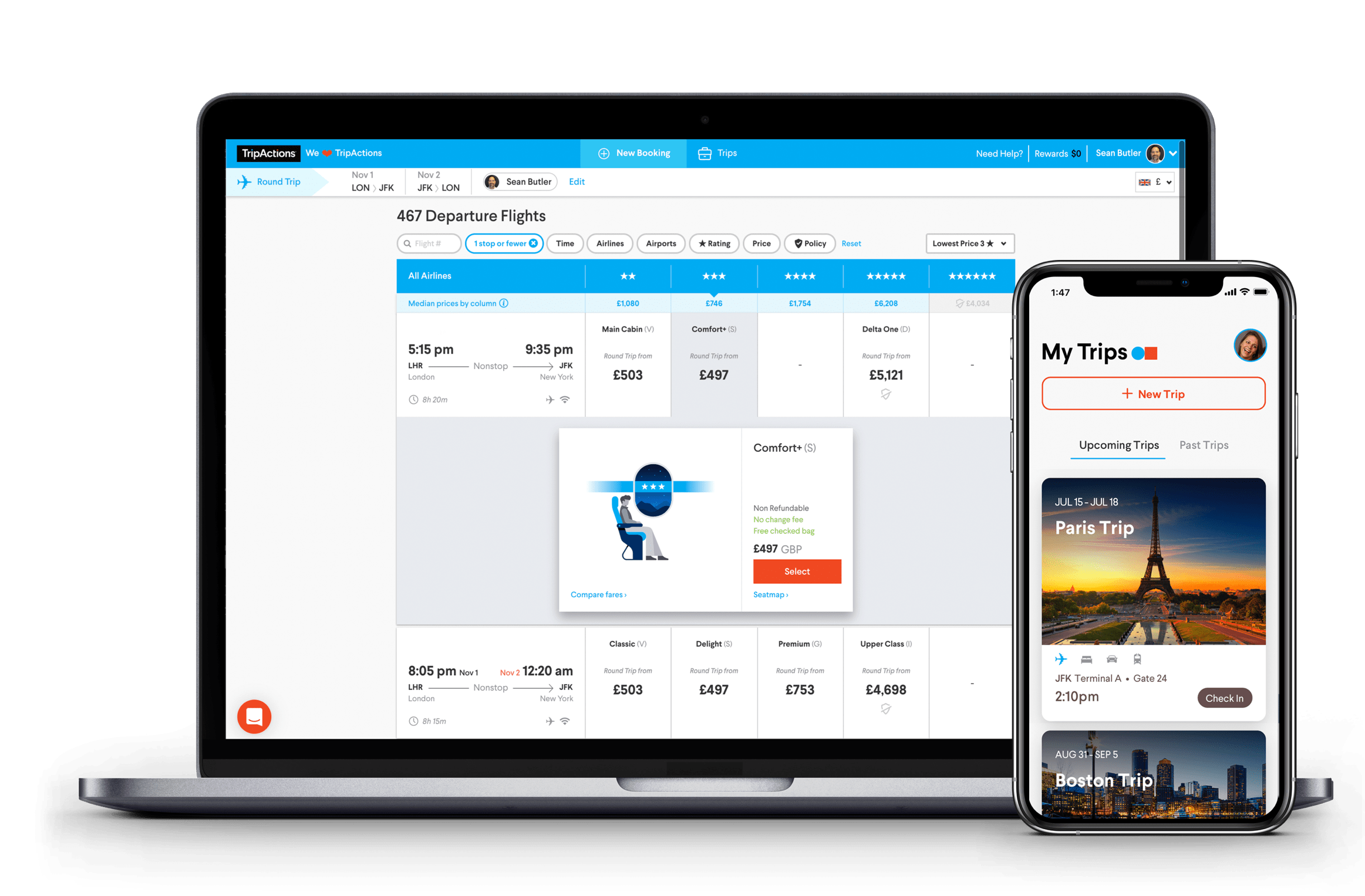 Flight Search screen with large inventory and step-by-step mobile itinerary