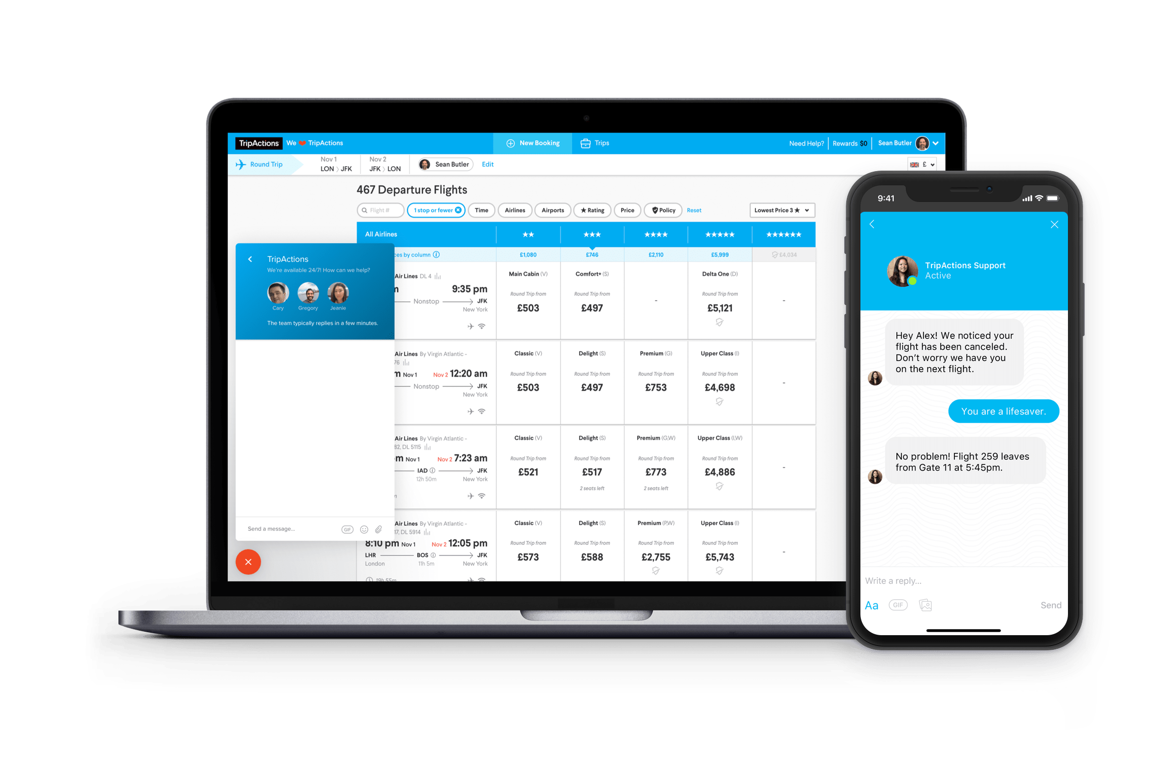 TripActions Product Screenshot - Human support is available when booking a flight at the click of a button and proactive support is available if the flight is cancelled