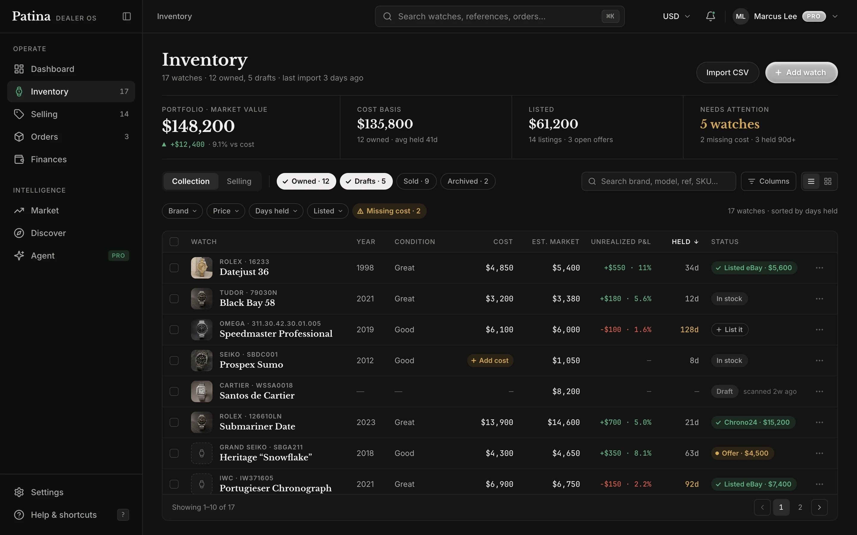 Dealer OS inventory table with portfolio market value, cost basis, unrealized P&L, days held, and status for every watch.