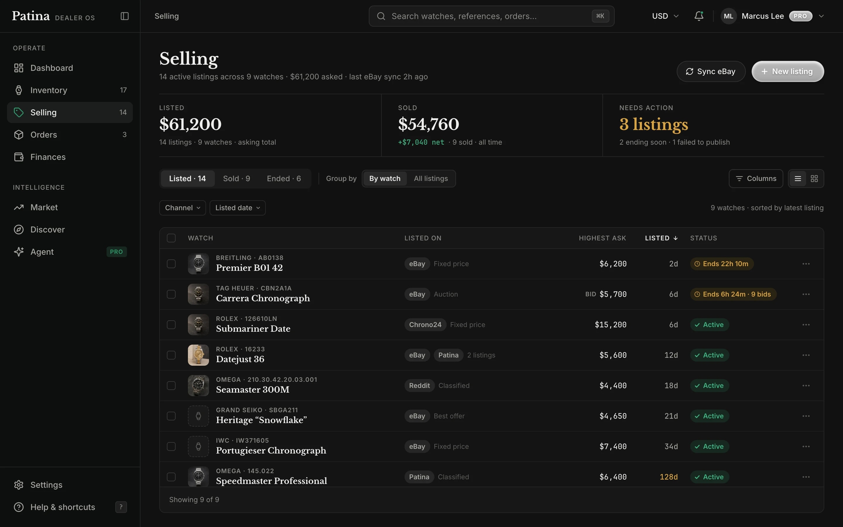 Dealer OS selling view grouped by watch, showing the marketplaces each watch is listed on, its highest ask, and its status.