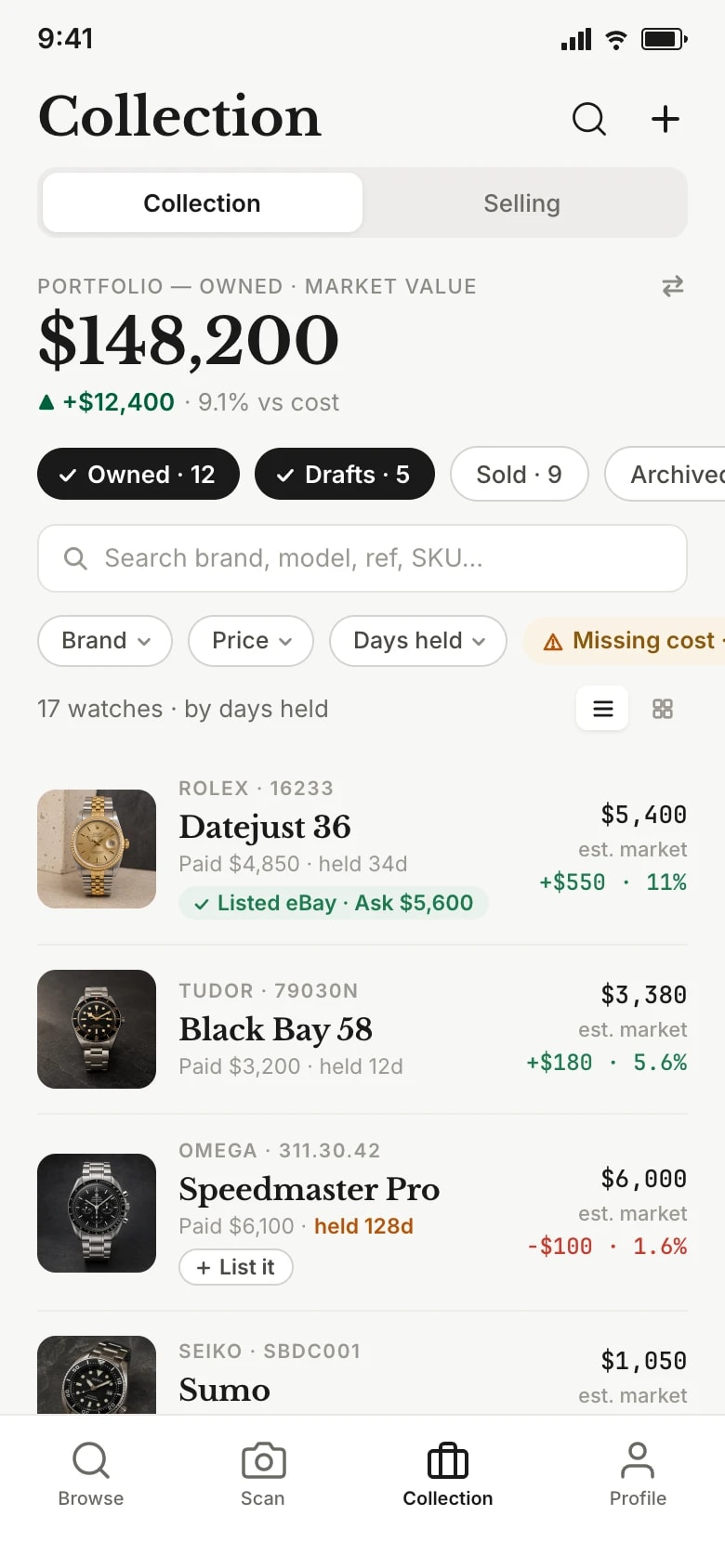 Track an inventory collection with portfolio value, watch status filters, and market changes.