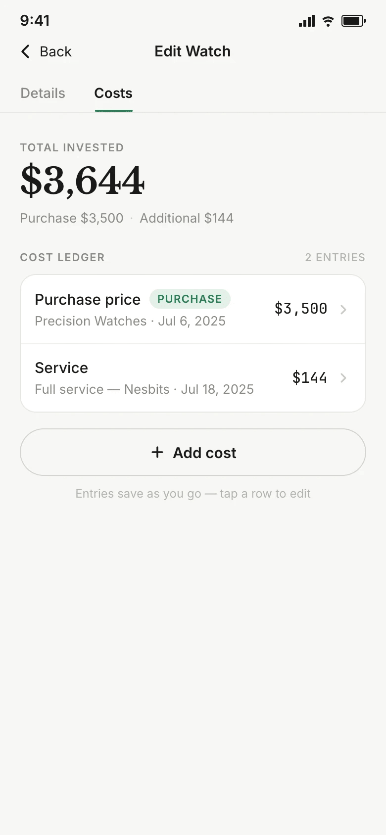 Record purchase and service costs in a watch inventory cost ledger with a total invested summary.