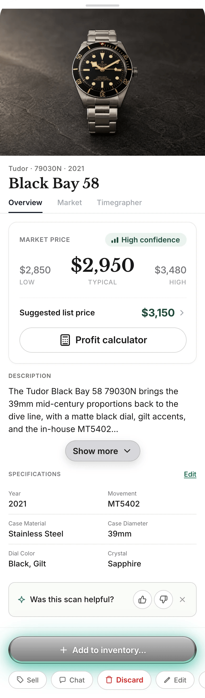 Scout a Tudor Black Bay 58 with a market price range, suggested list price, and profit calculator.