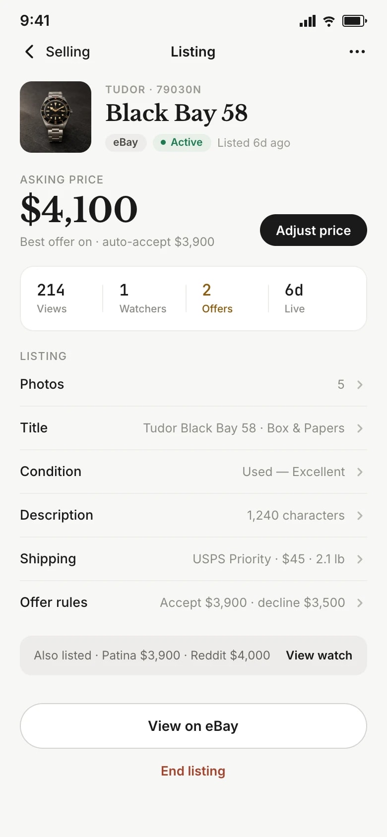 Manage an active eBay watch listing with pricing, offer rules, telemetry, and channel links.