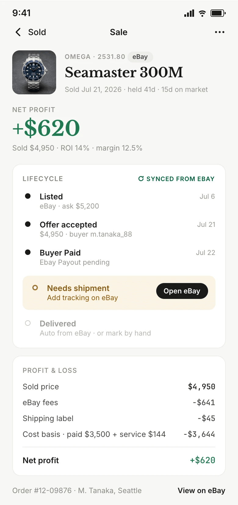 Follow an eBay watch sale from listing through shipment while reviewing the complete profit and loss.