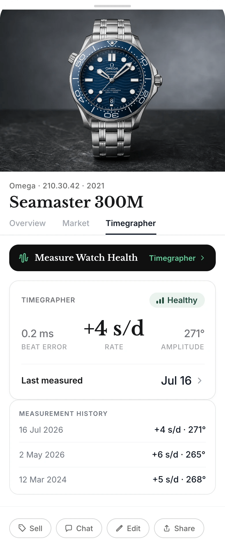 Measure an Omega Seamaster watch rate, beat error, amplitude, and timegrapher history.