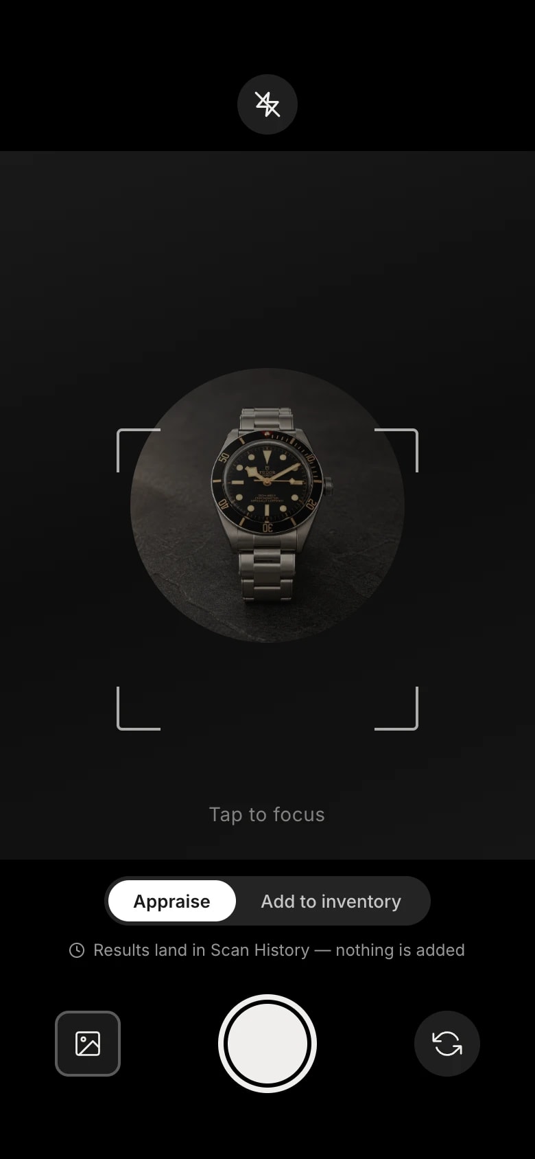 Scan a Tudor Black Bay 58 with the Patina AI camera in Appraise mode.