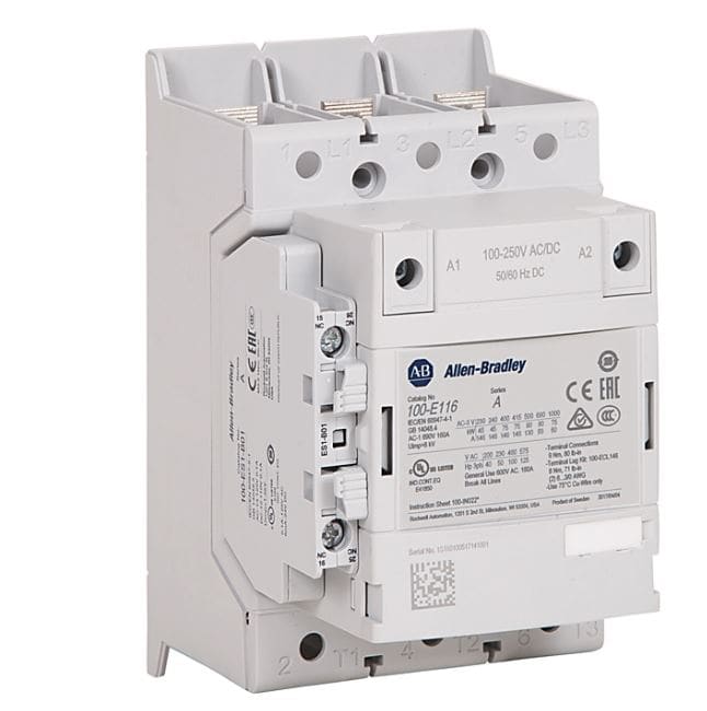 Kontaktor 116A, 100-250VAC/DC styresp. PLC interf. 1NO/1NC