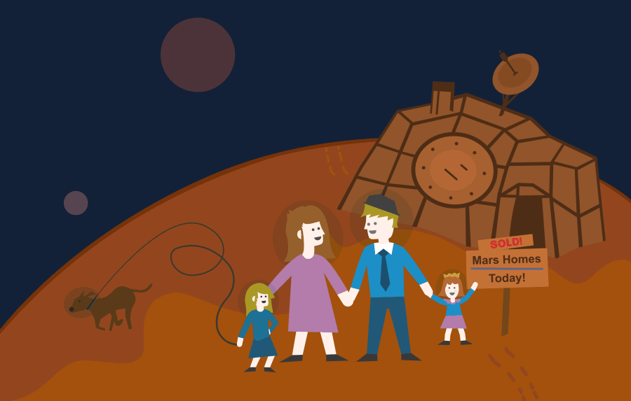 Cartoon drawing of a family standing in front of their new home, on Mars!