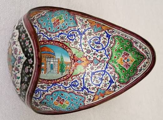 Isfahan Minakari enamel vase hand-painted on copper by an Iranian craftsman